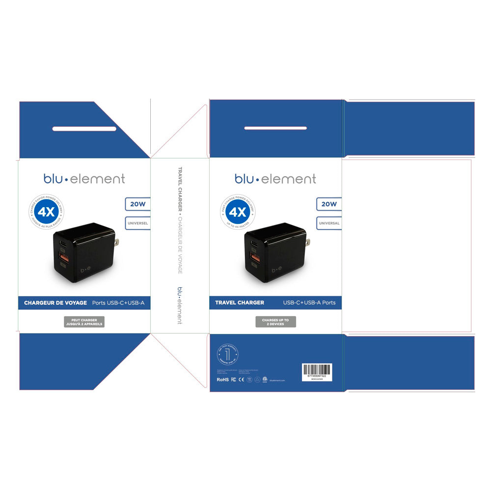 Blu Element Wall Charger Dual USB-C 20W PD and USB-A Black - GekkoTech