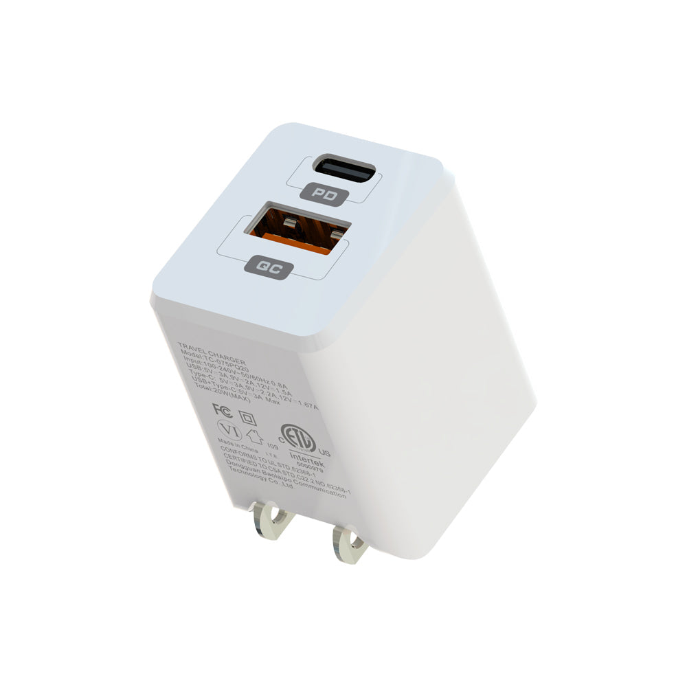 Blu Element Wall Charger Dual USB-C 20W PD and USB A White - GekkoTech