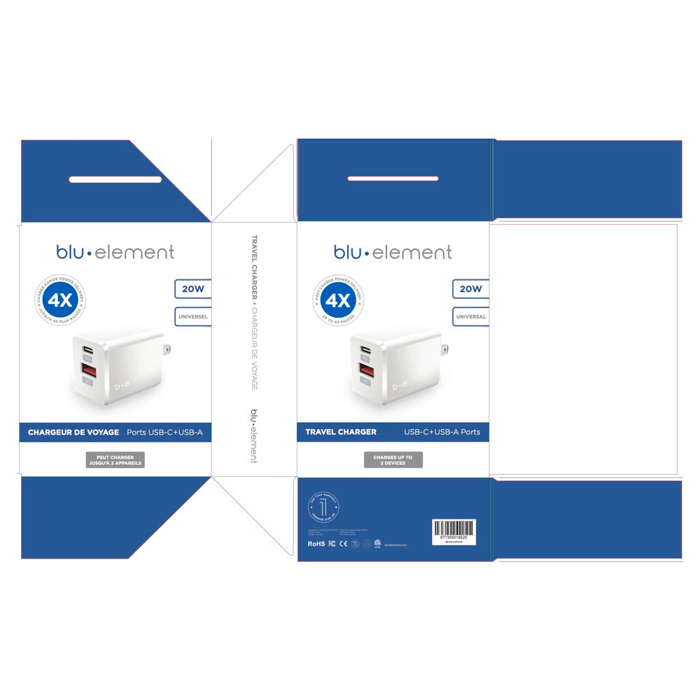 Blu Element Wall Charger Dual USB-C 20W PD and USB A White - GekkoTech