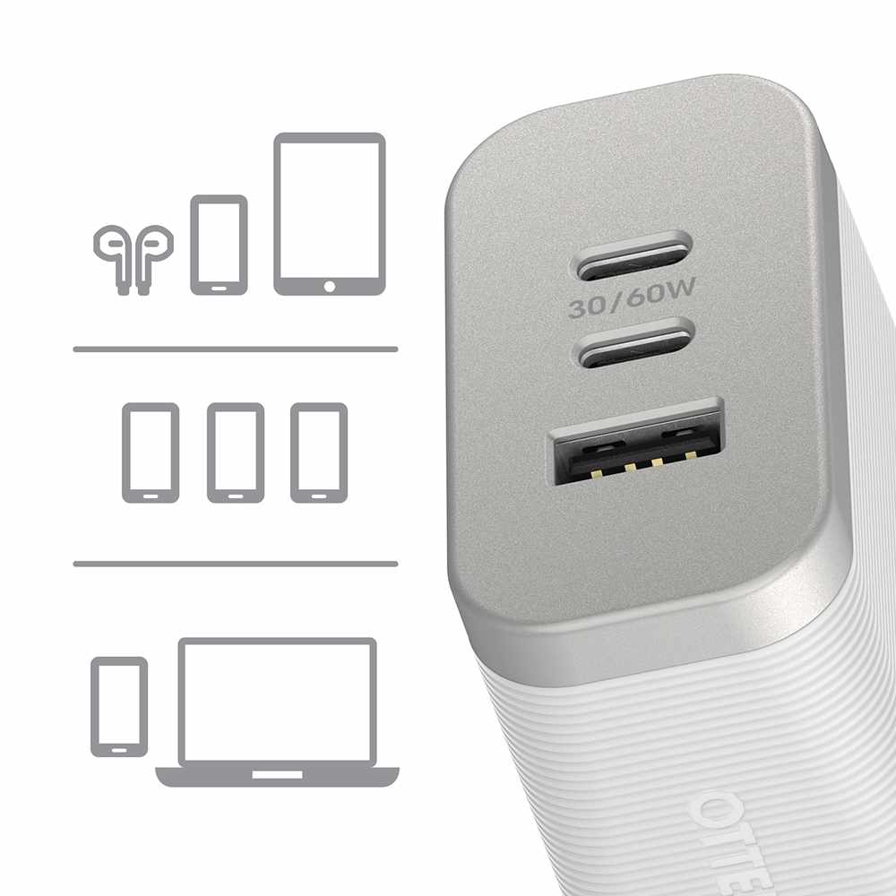 OtterBox Premium Pro Wall Charger 72W PD/PPS 2-Port USB-C & USB-A White w/ Foldable Prongs - GekkoTech