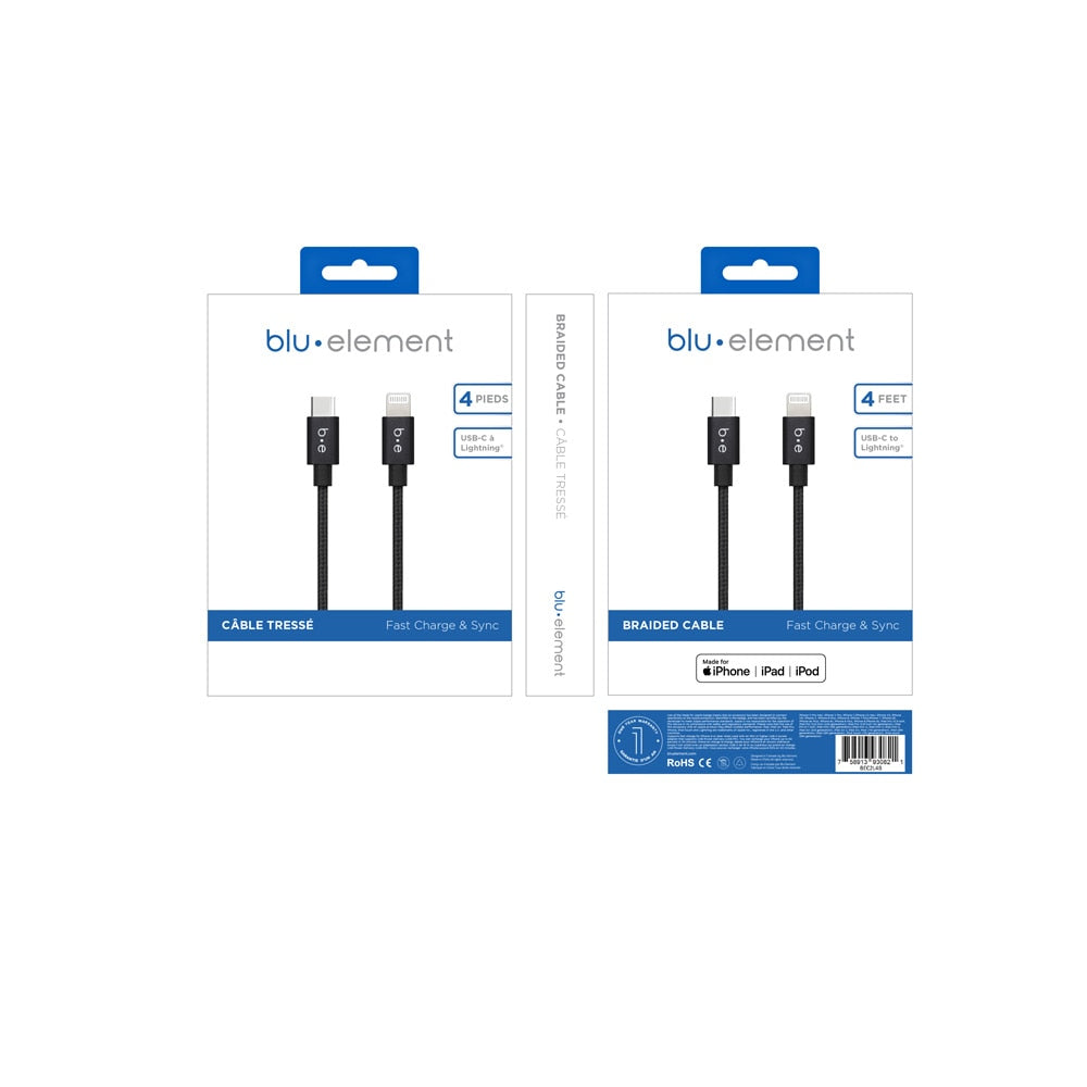 Blu Element Braided Charge/Sync USB-C to Lightning Cable 4ft Black - GekkoTech