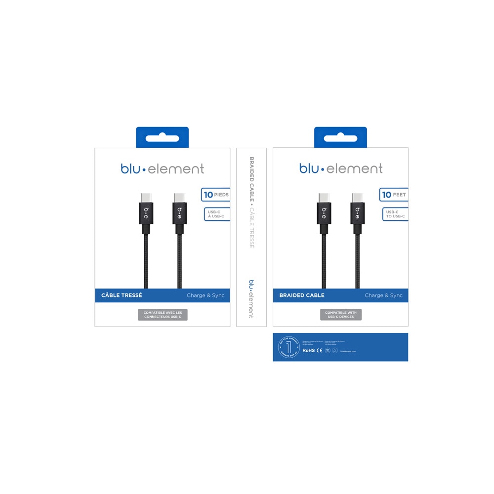 Blu Element Braided Charge/Sync USB-C to USB-C Cable 10ft Black 60W