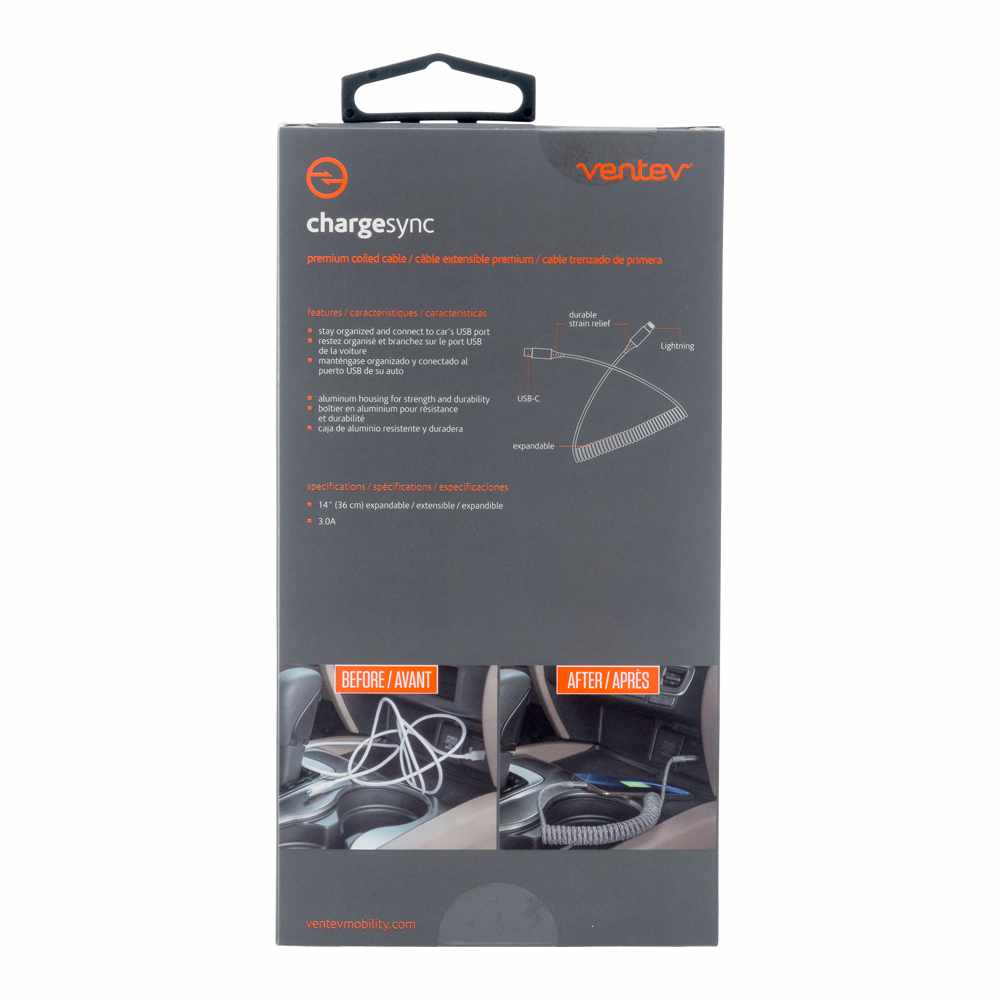 Ventev Charge/Sync Helix Coiled USB-C to Lightning Cable 3ft Gray