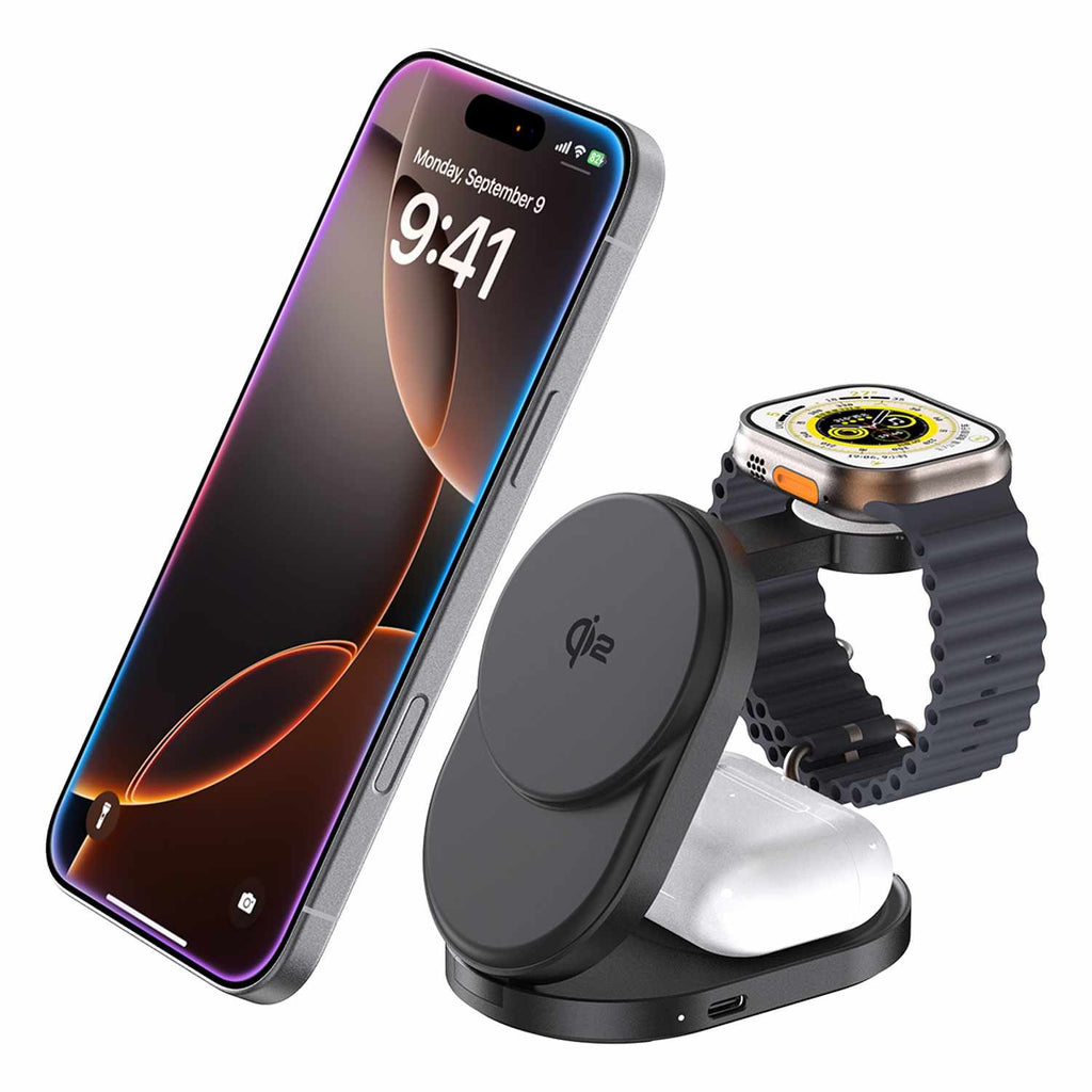 BEWCQi23IN1F Qi2 3-in-1 Foldable Wireless Charging Stand 15W MagSafe-Compatible Black - GekkoTech