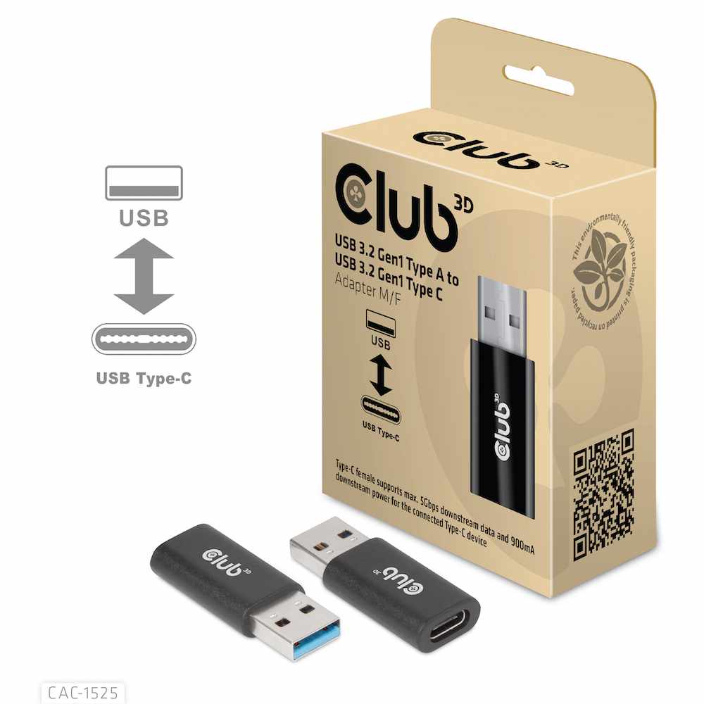 Club3D USB 3.2 to USB-C 3.2 Male/Female Adapter Black - GekkoTech