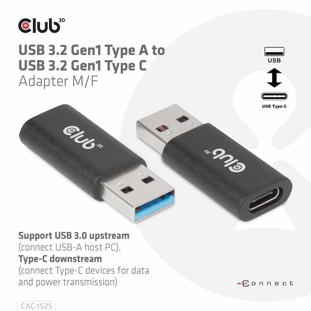 Club3D USB 3.2 to USB-C 3.2 Male/Female Adapter Black - GekkoTech
