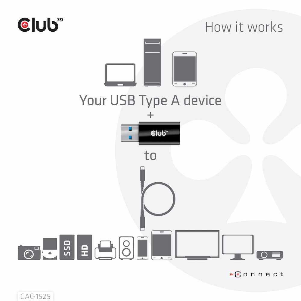 Club3D USB 3.2 to USB-C 3.2 Male/Female Adapter Black - GekkoTech
