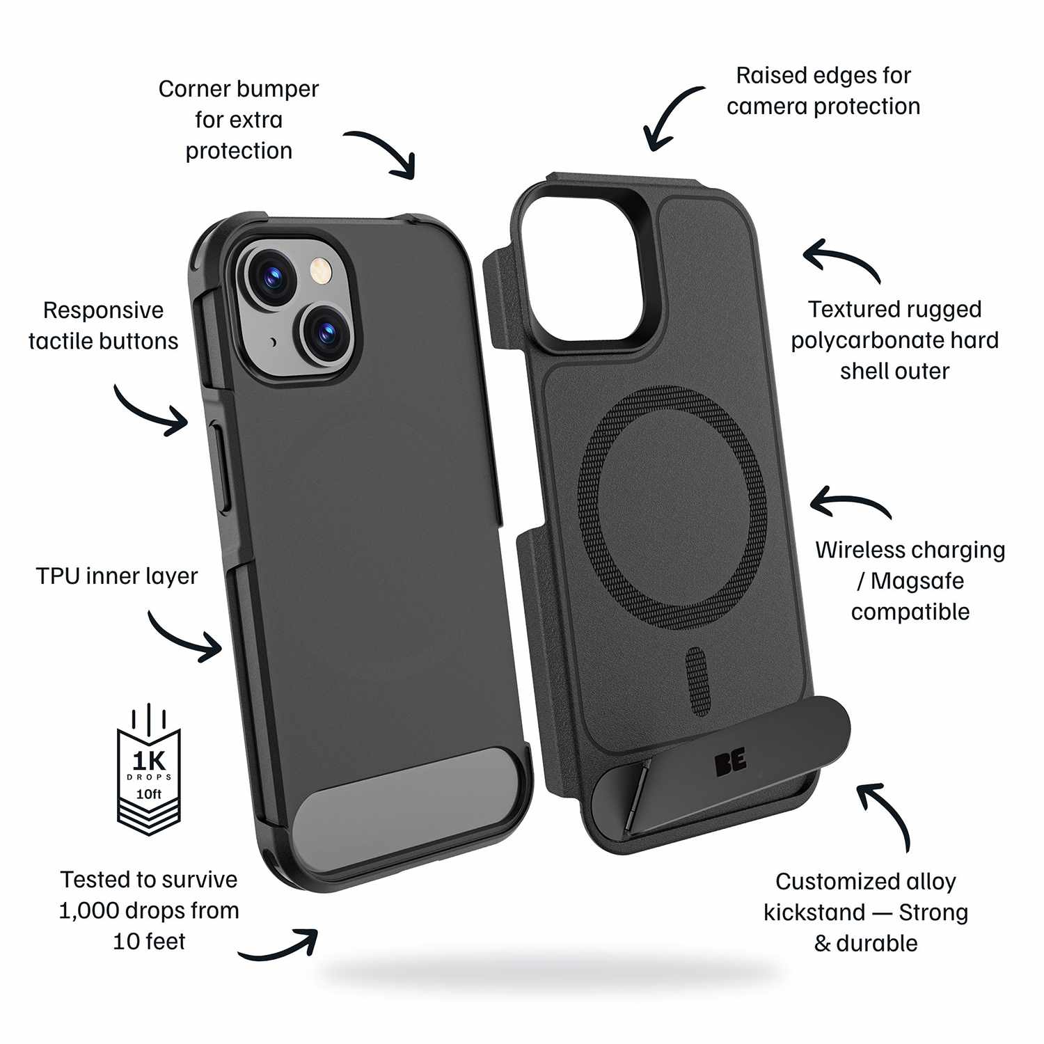 Blu Element Armour Ultra MagSafe w/Kickstand Case Black for iPhone 17e/16e/15/14/13
